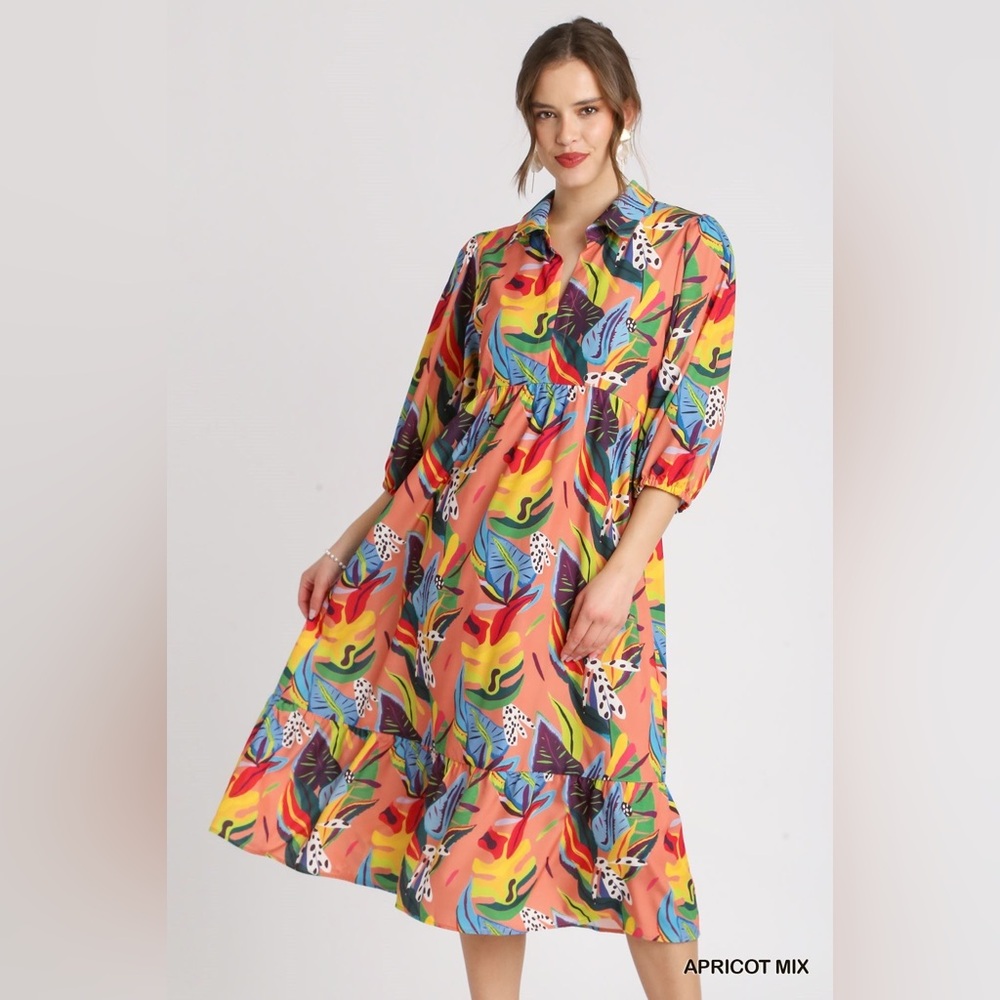 Umgee Apricot Mix 3/4 Sleeve Dress